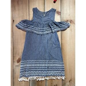 Miami Women's summer dress blue with white embroidering and tassels. XS